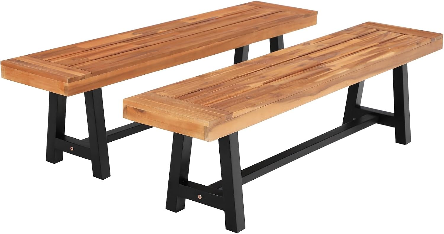 Teak Finish Wooden Bench Duo