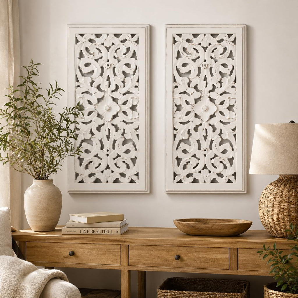 Carved Whitewash Wooden Wall Panels Duo