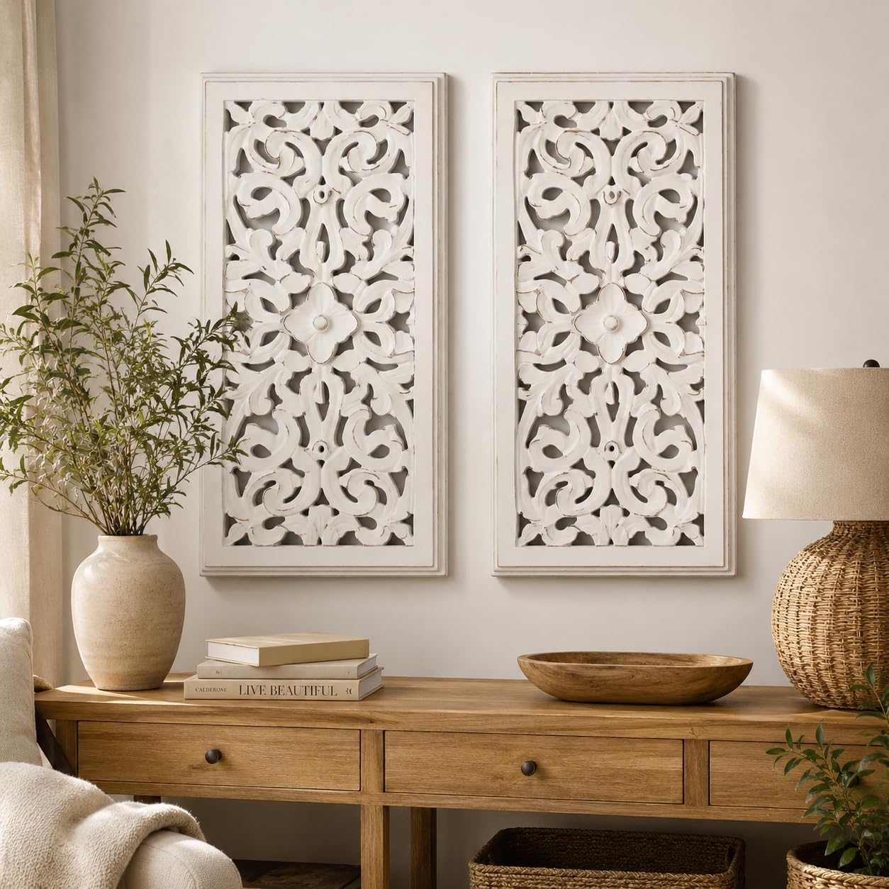 Carved Whitewash Wooden Wall Panels Duo