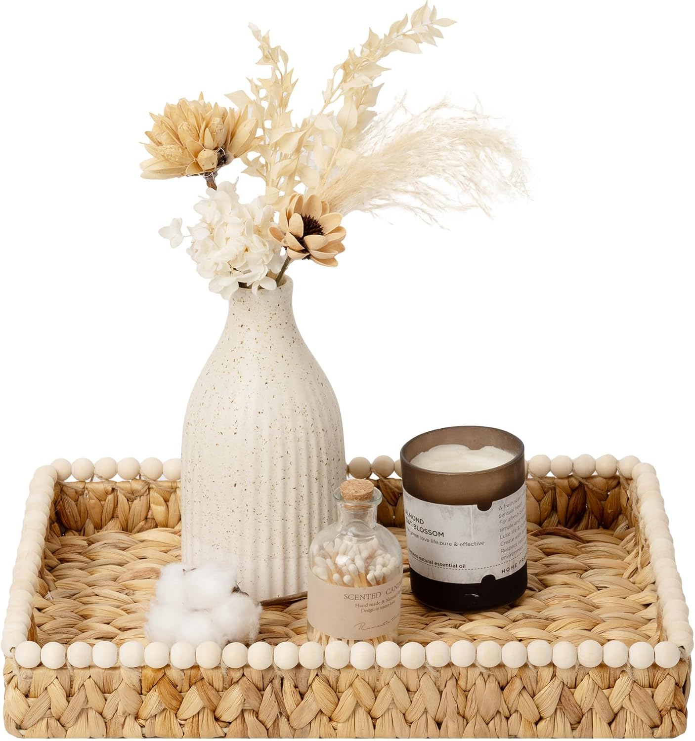 Beaded Handled Rectangular Wicker Tray