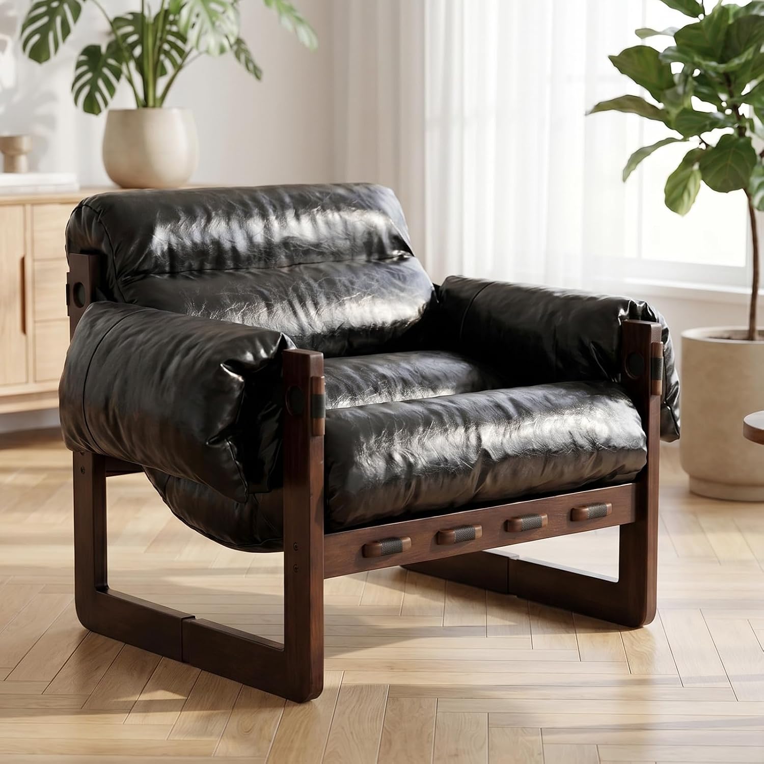 Leather Wood Frame Padded Chair