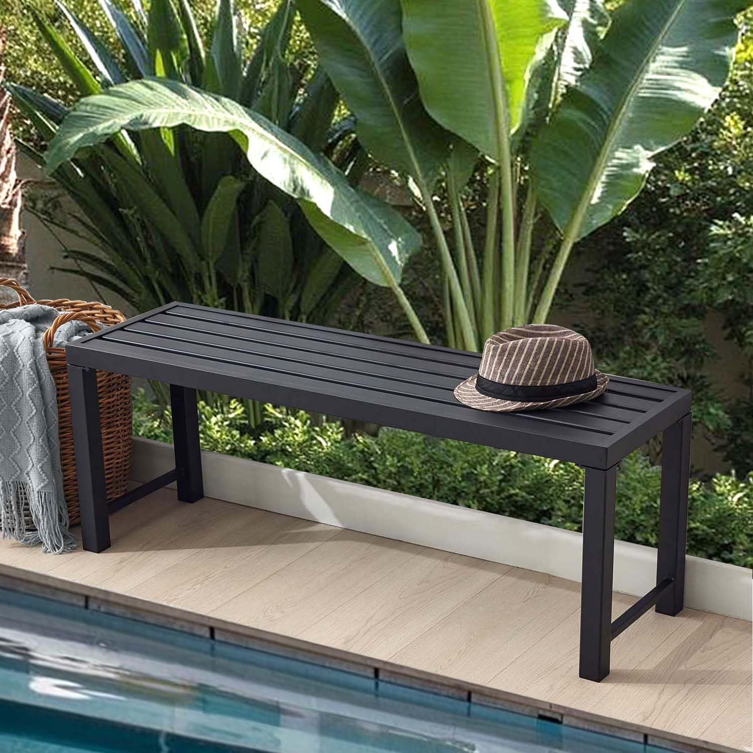 Weatherproof Black Metal Bench Duo