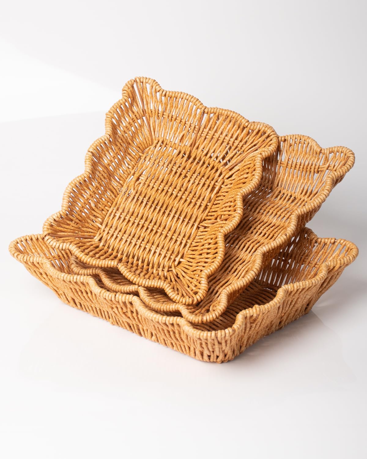 Scalloped Rattan Storage Trays Trio