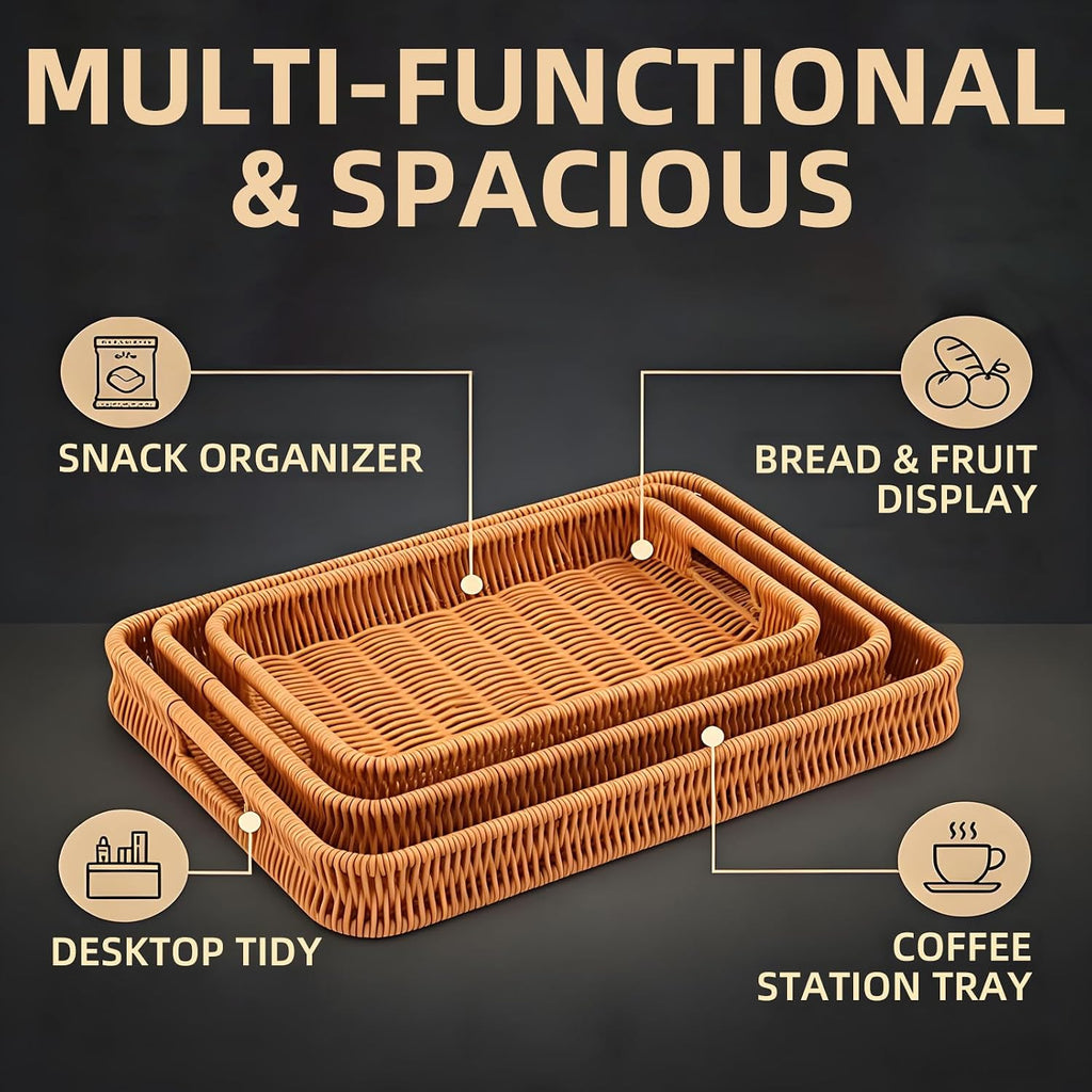 Handled Rectangular Rattan Tray Set