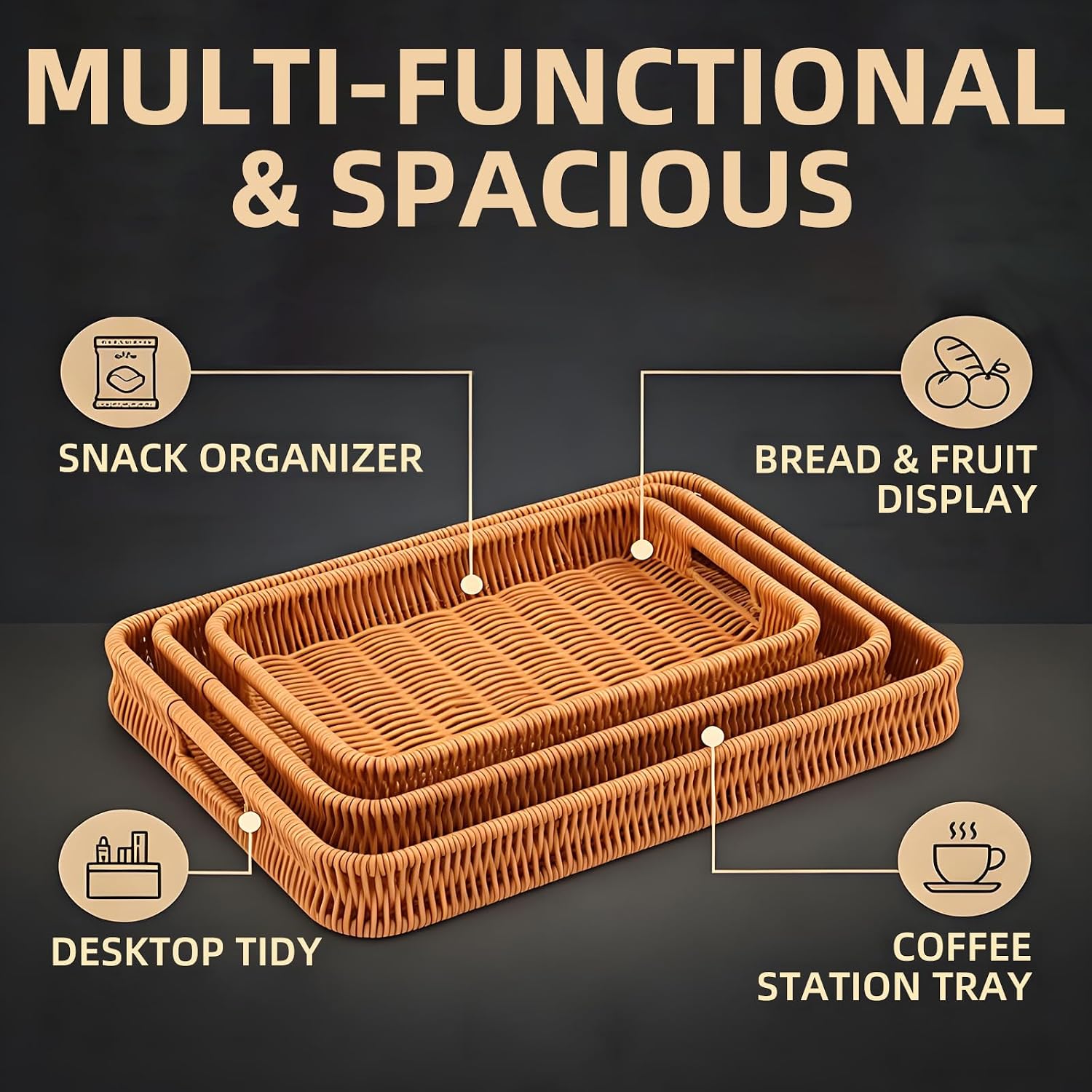 Handled Rectangular Rattan Tray Set