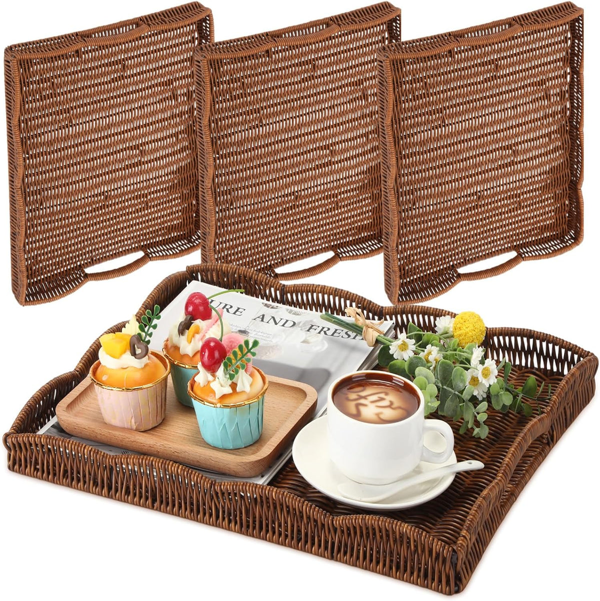 Rectangular Rattan Serving Trays Set