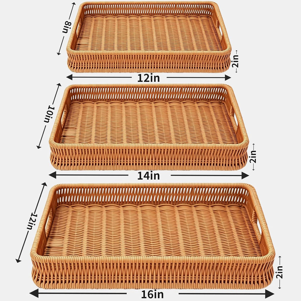 Handled Rectangular Rattan Tray Set