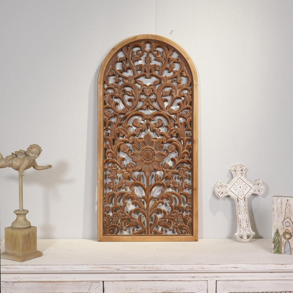 Arched Floral Carved Wooden Wall Panel