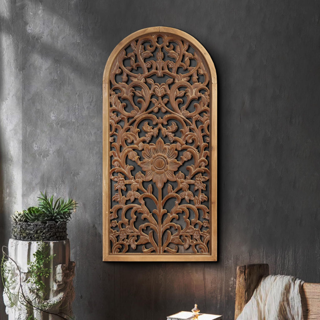 Arched Floral Carved Wooden Wall Panel