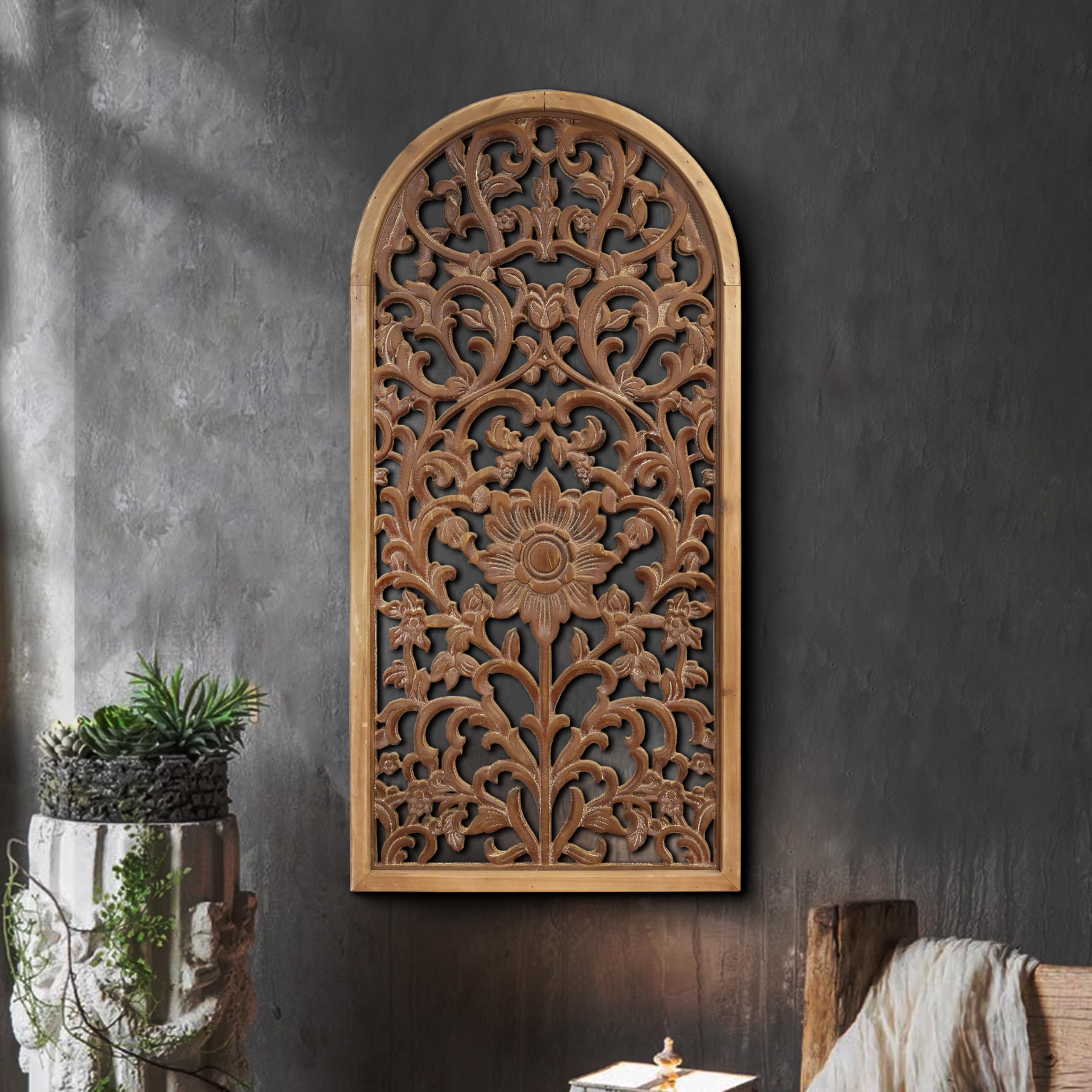 Arched Floral Carved Wooden Wall Panel