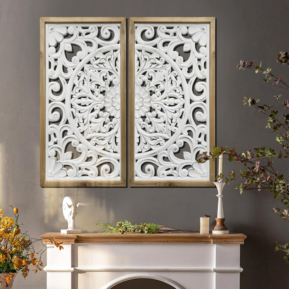 Carved Floral Wooden Wall Panels Duo