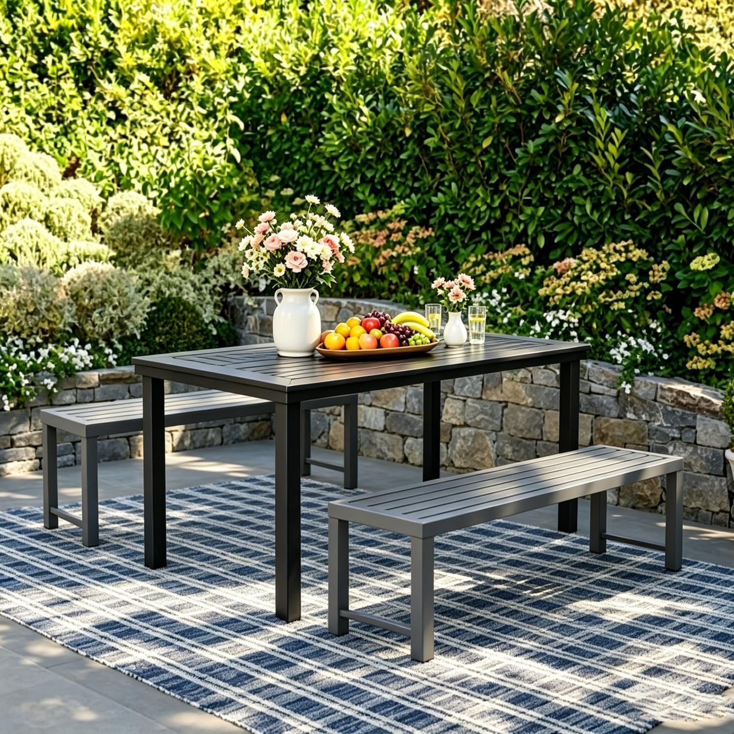 Weatherproof Slatted Metal Patio Bench