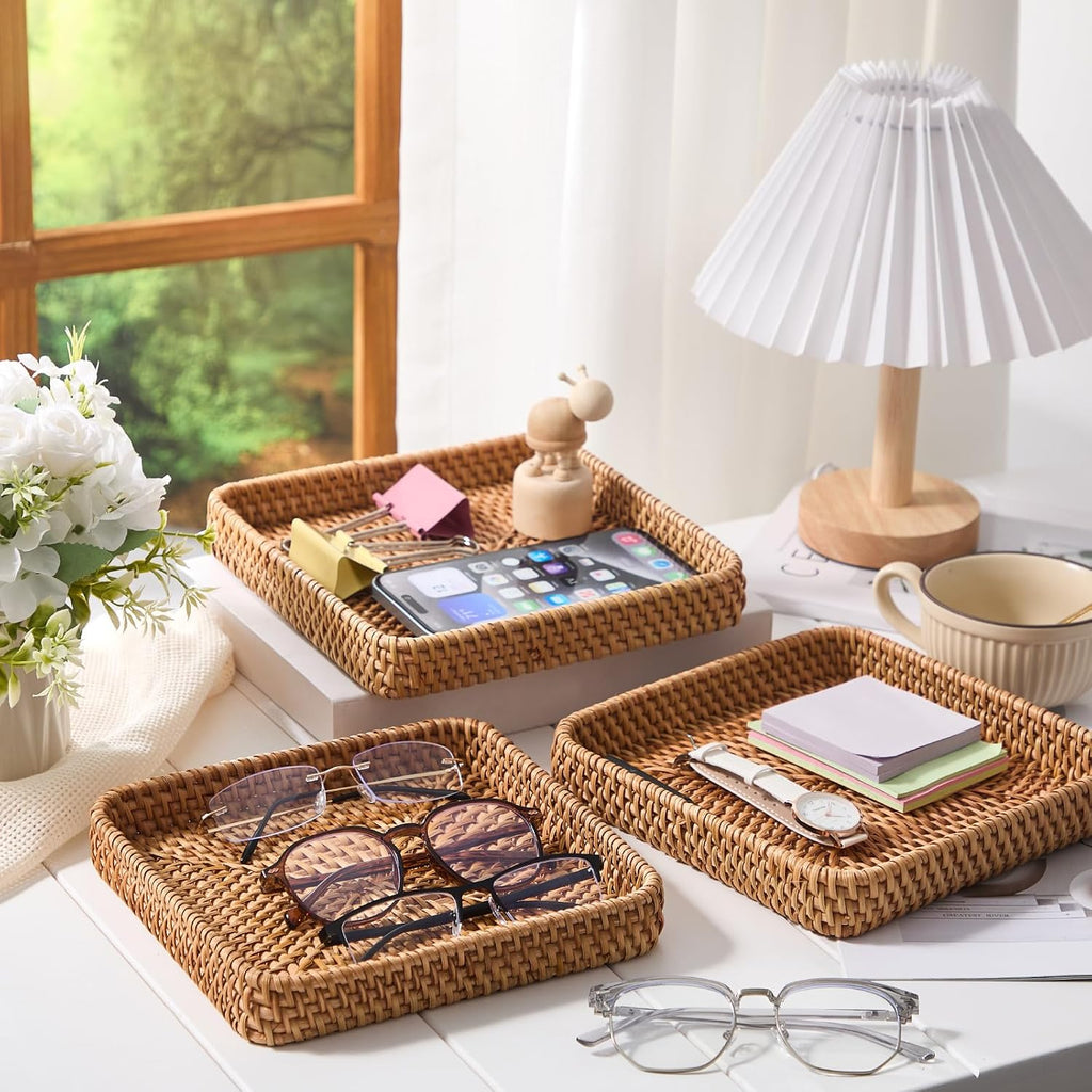 Square Rattan Storage Serving Trays Set