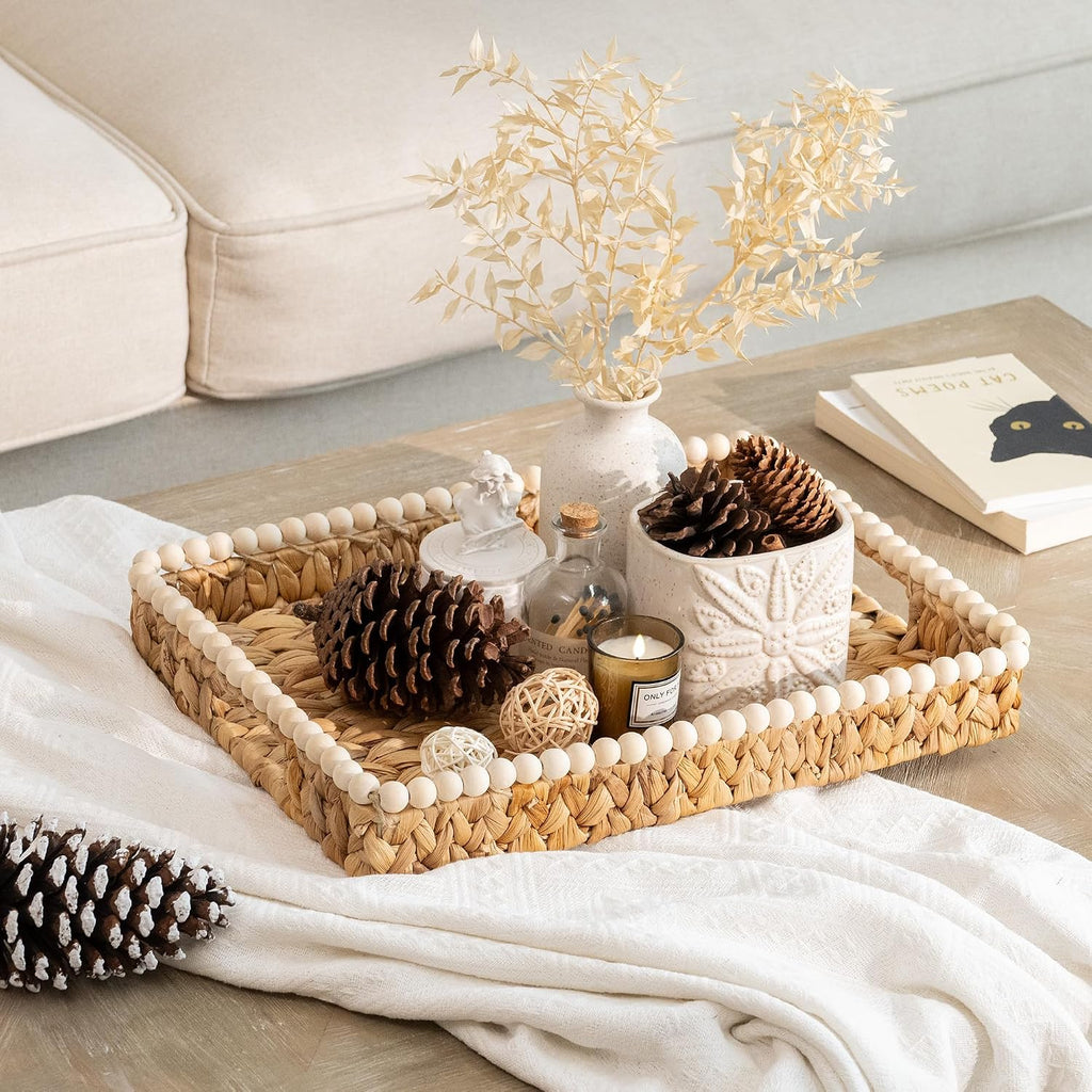 Beaded Handled Rectangular Wicker Tray