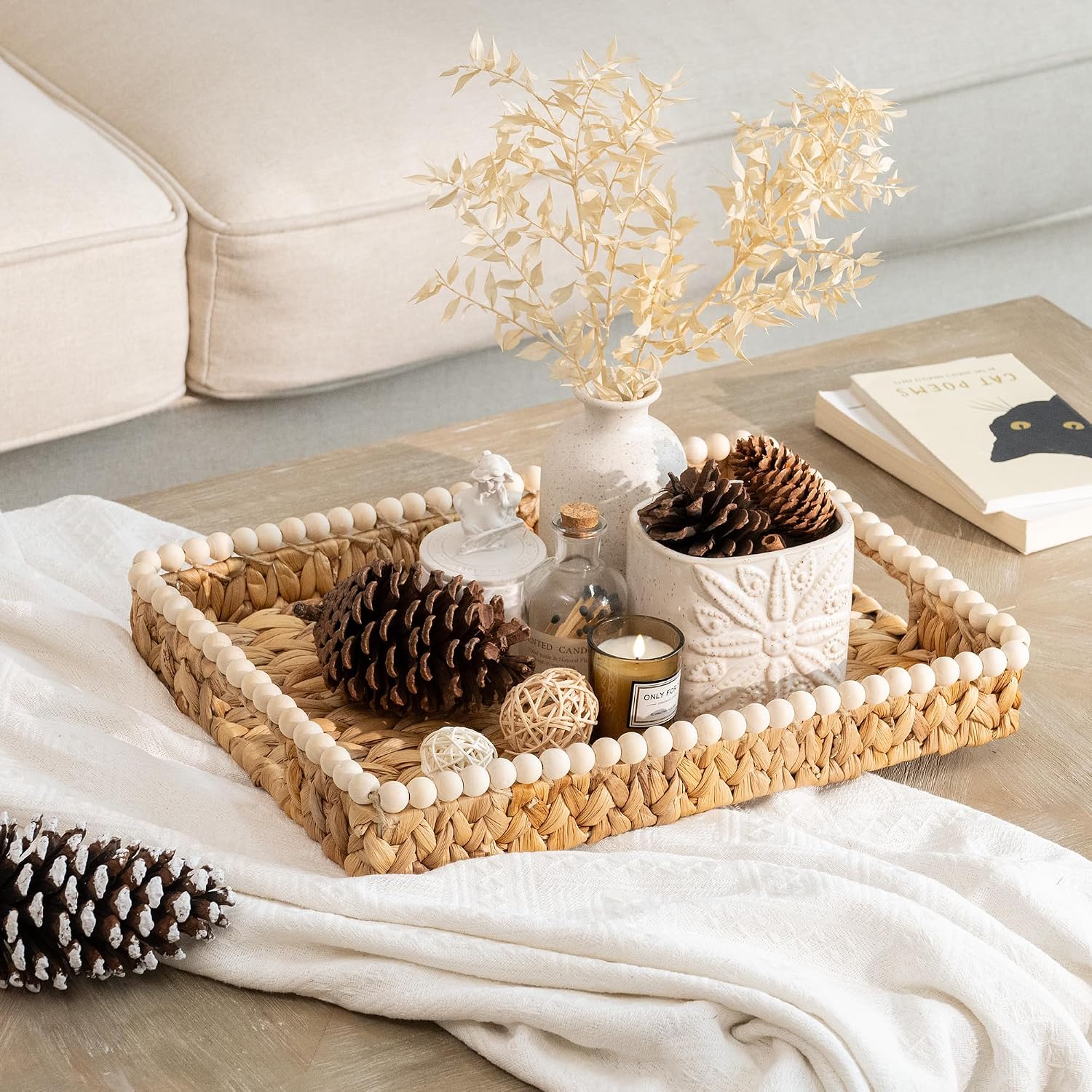 Beaded Handled Rectangular Wicker Tray