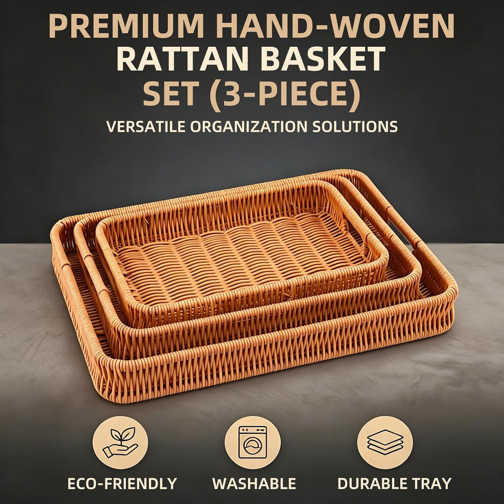 Handled Rectangular Rattan Tray Set