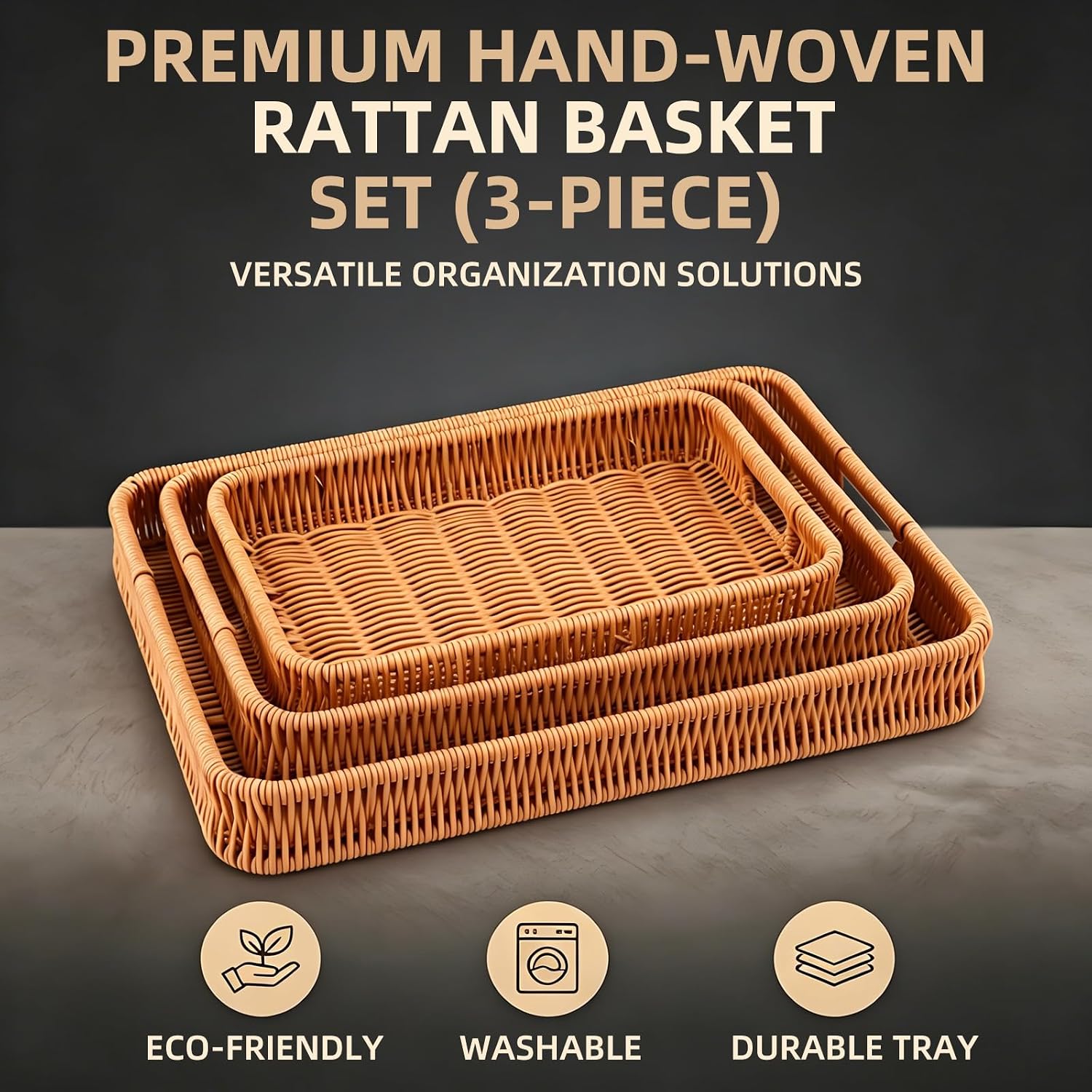 Handled Rectangular Rattan Tray Set