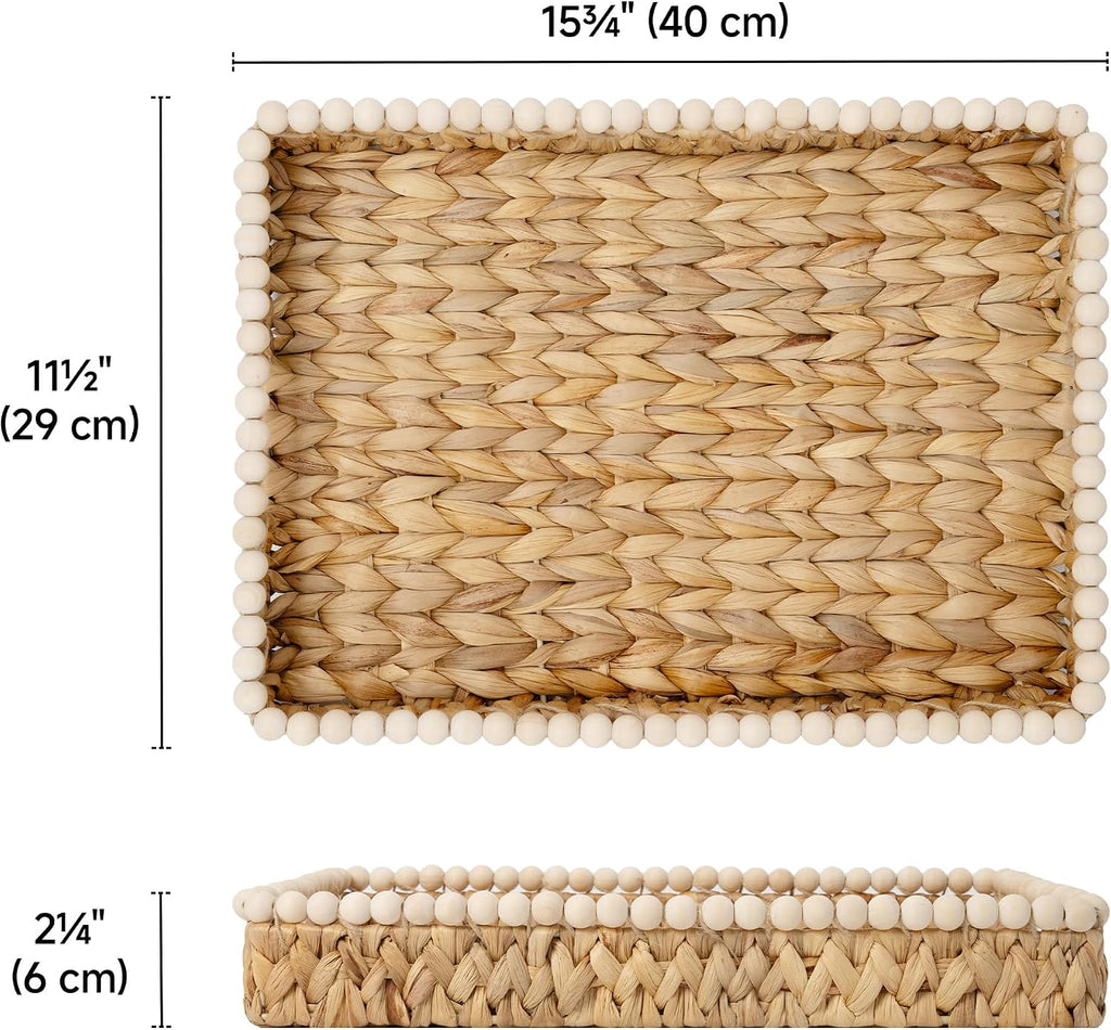 Beaded Handled Rectangular Wicker Tray