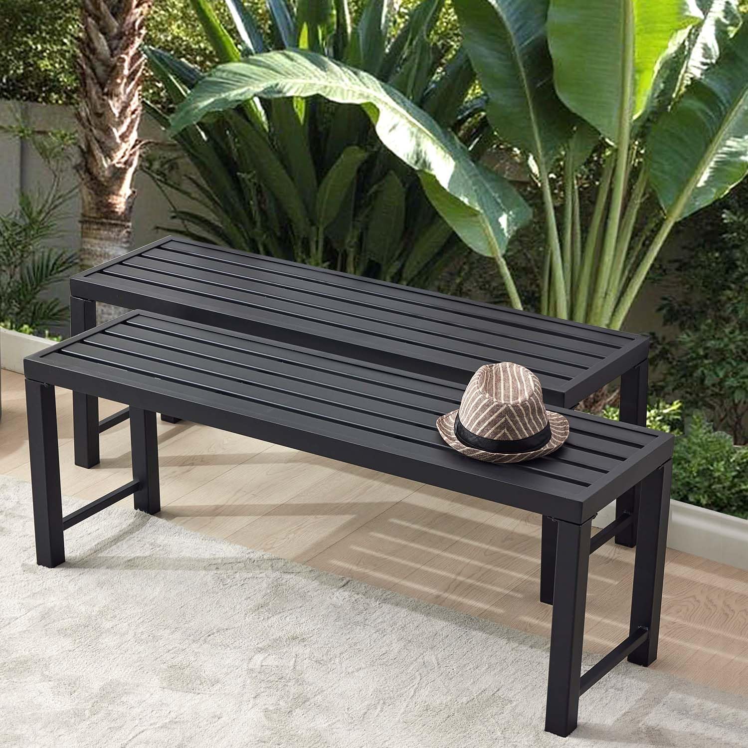 Weatherproof Black Metal Bench Duo