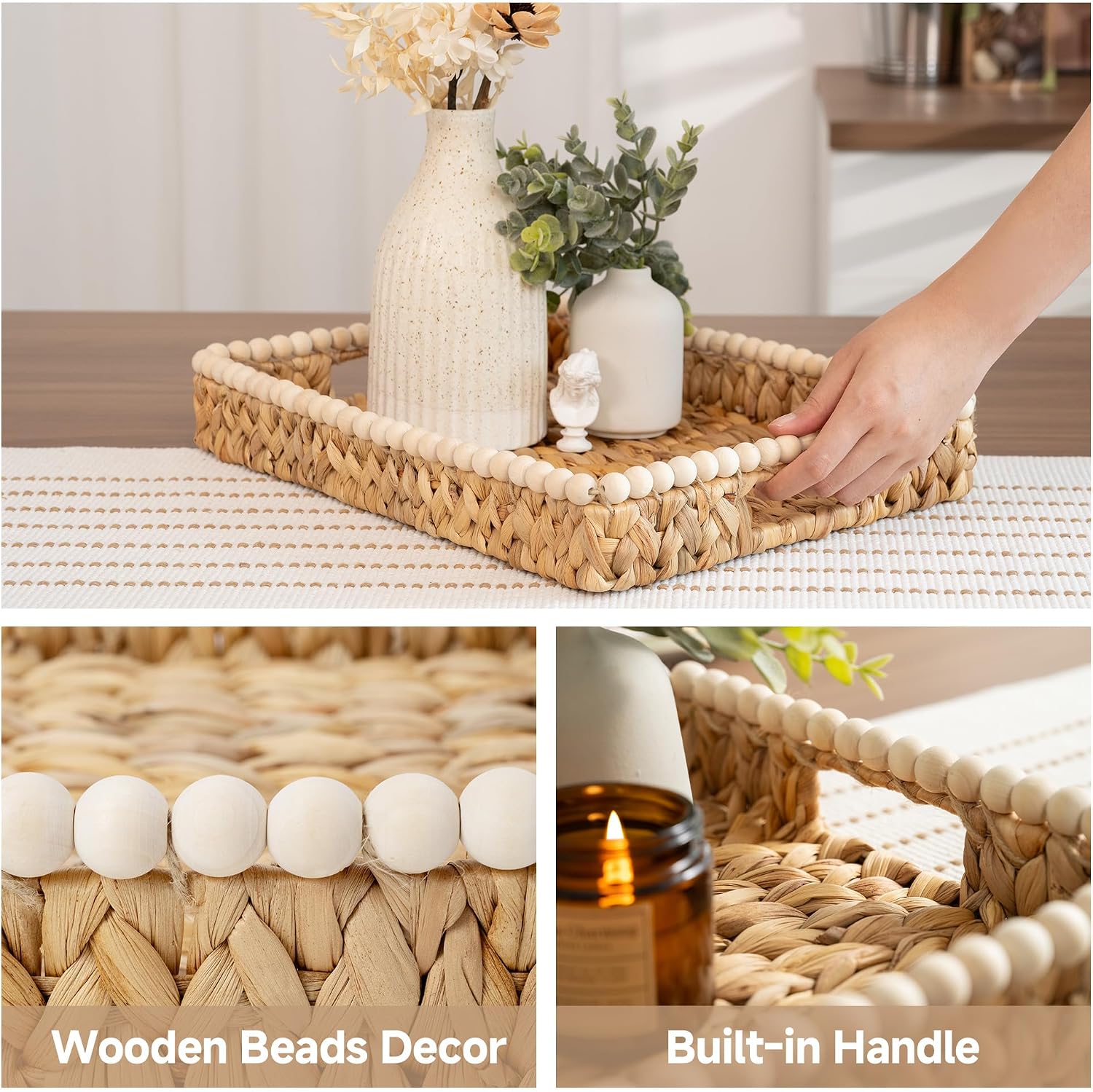 Beaded Handled Rectangular Wicker Tray