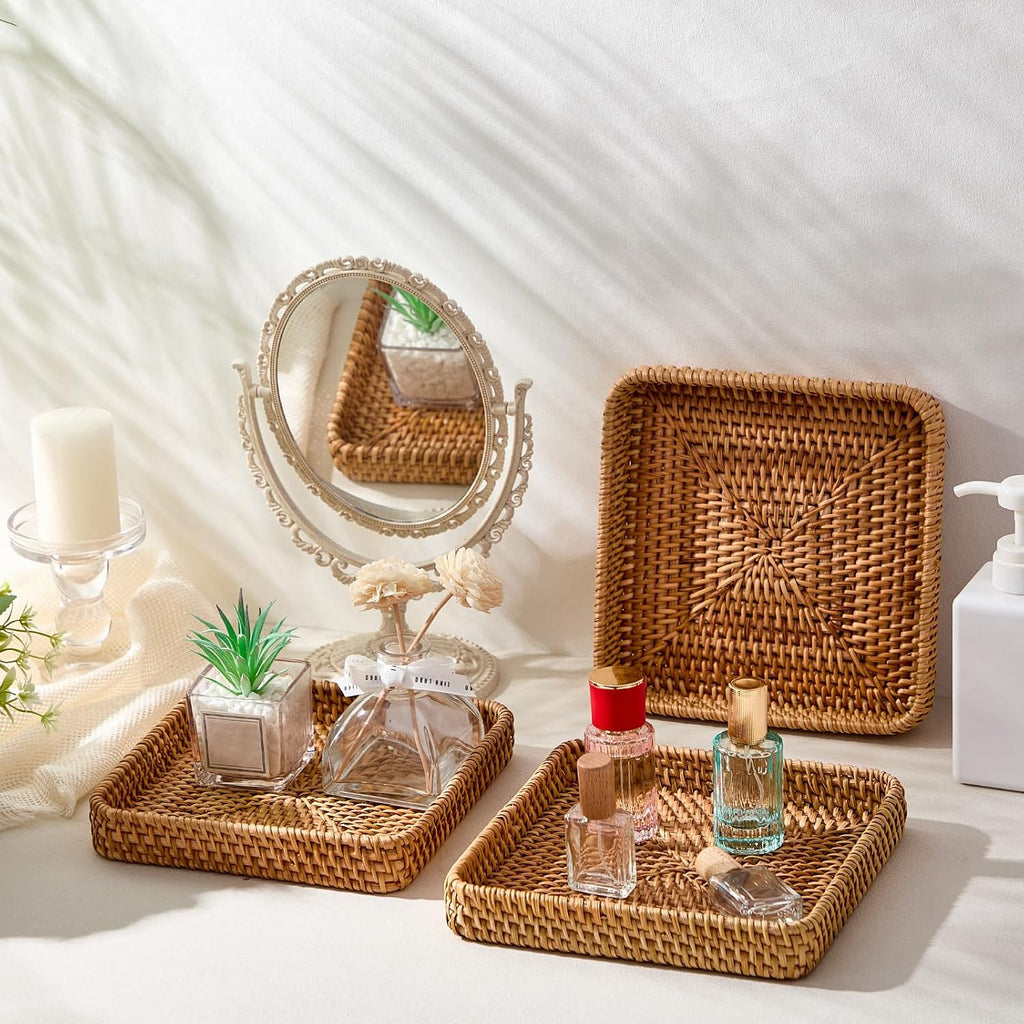 Square Rattan Storage Serving Trays Set