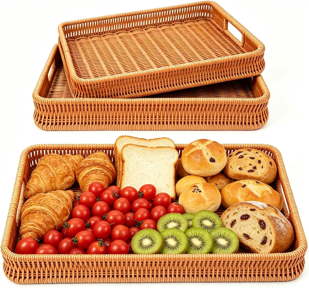 Handled Rectangular Rattan Tray Set