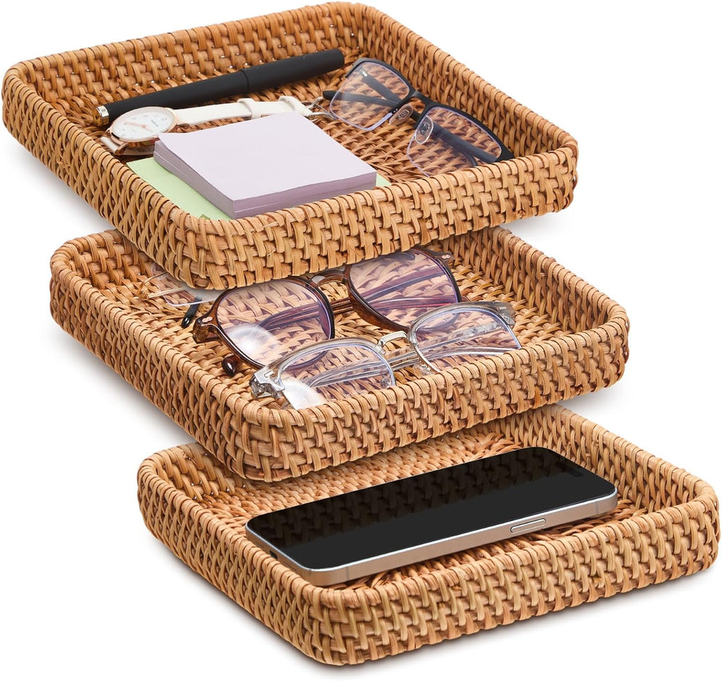 Square Rattan Storage Serving Trays Set