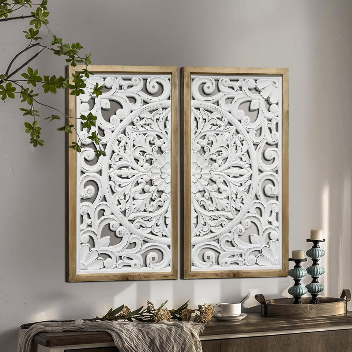 Carved Floral Wooden Wall Panels Duo