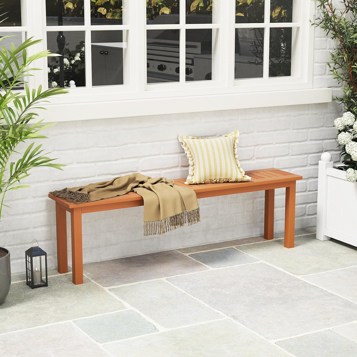Teak Finished Outdoor Wooden Bench Pair