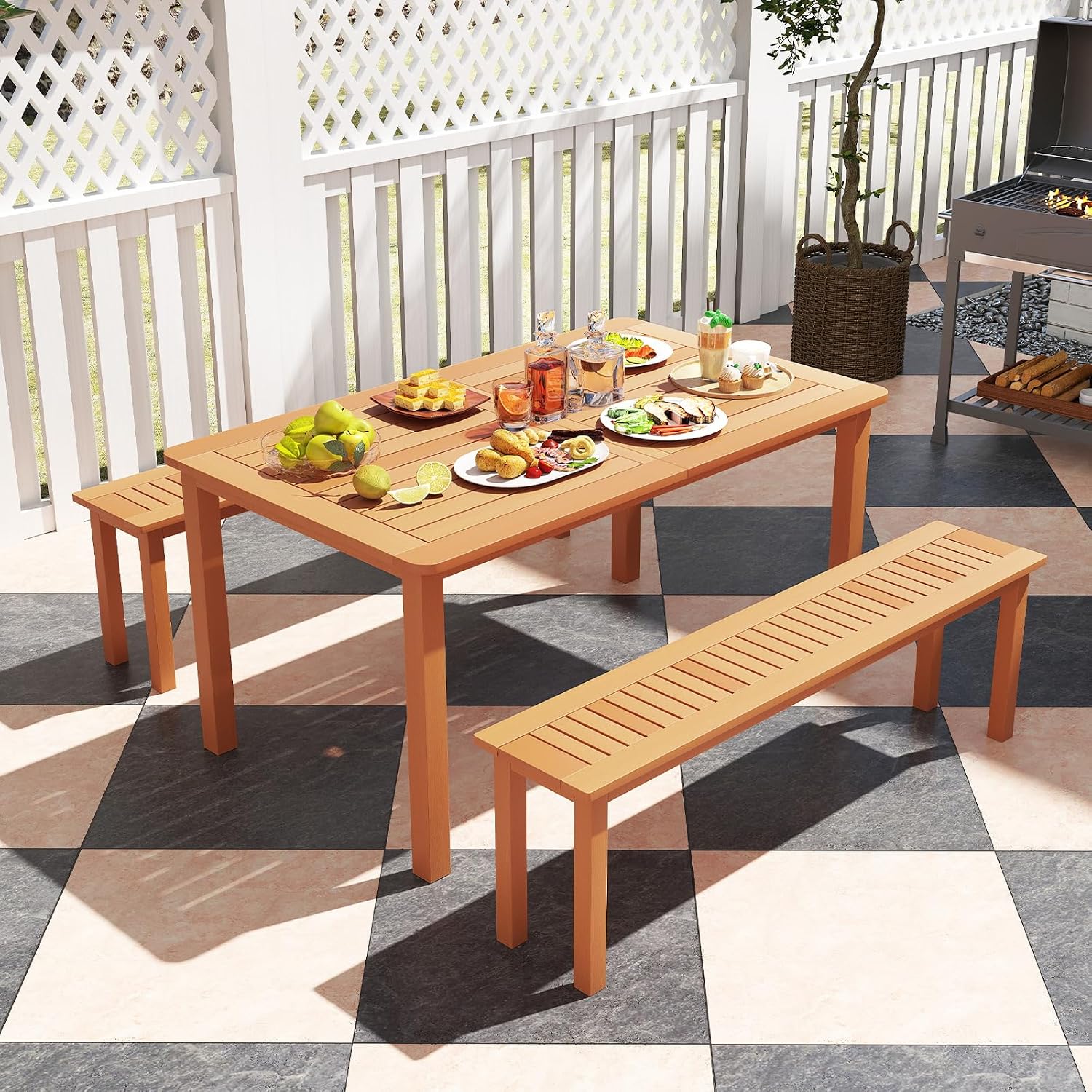 Teak Finished Outdoor Wooden Bench Pair