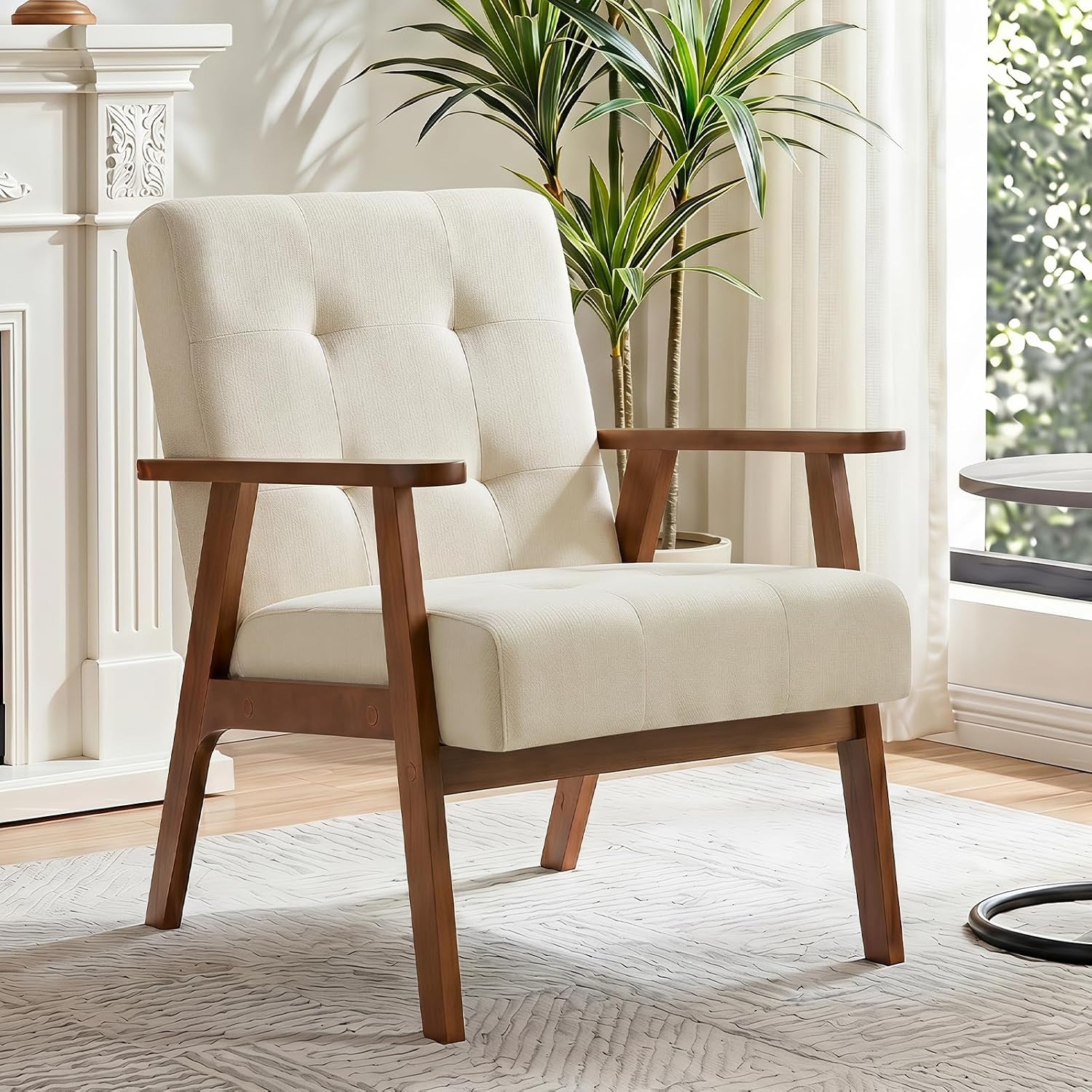 Tufted Linen Wood Leg Chair