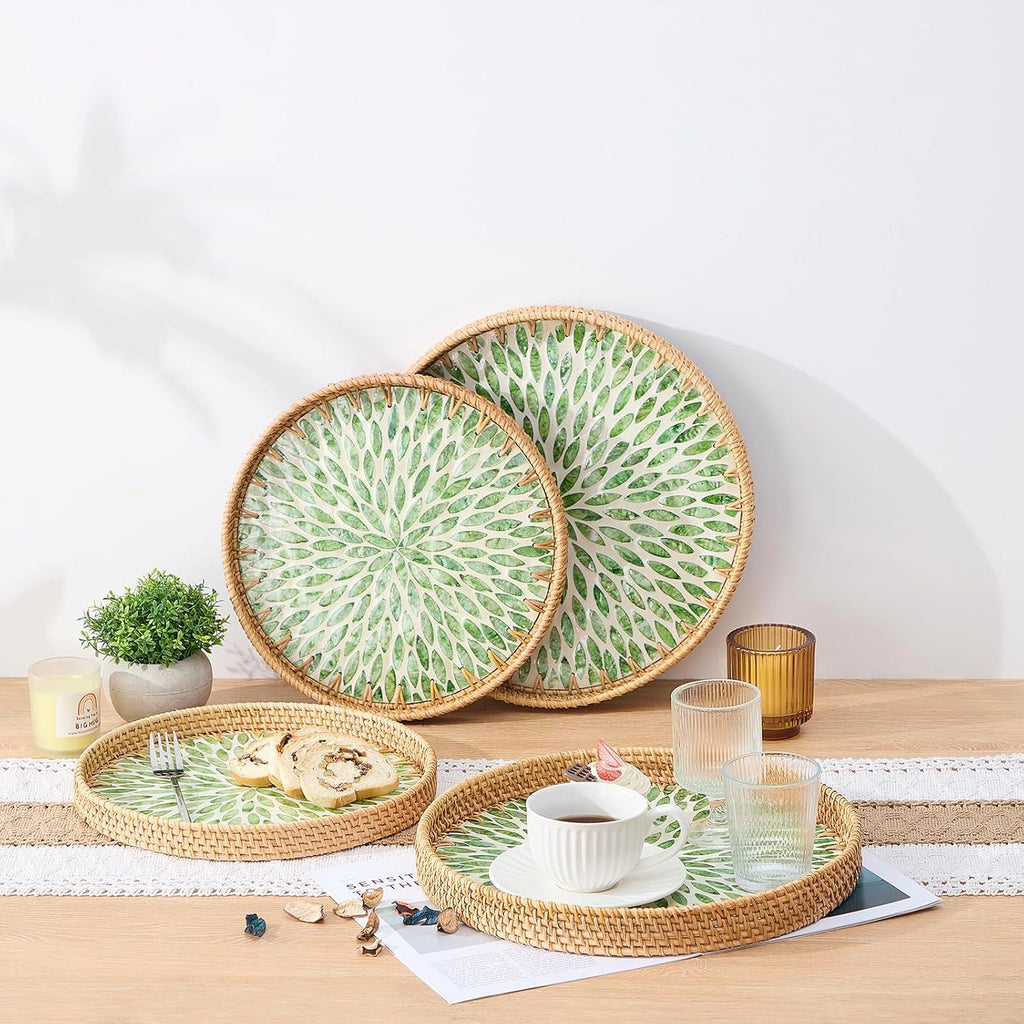 Inlaid Rattan Round Decor Serving Tray