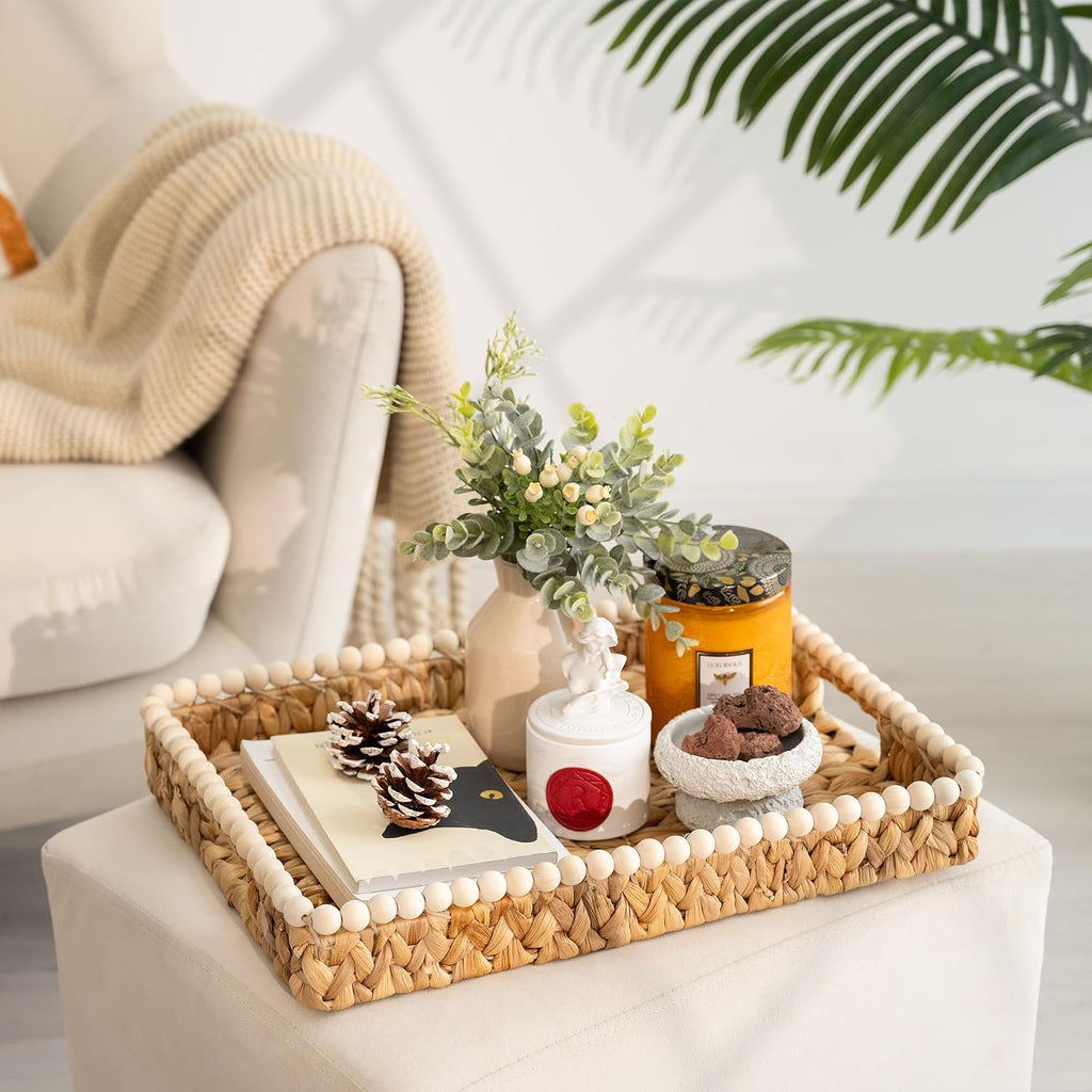 Beaded Handled Rectangular Wicker Tray