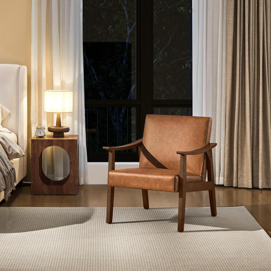 Wood Leg Faux Leather Armchair