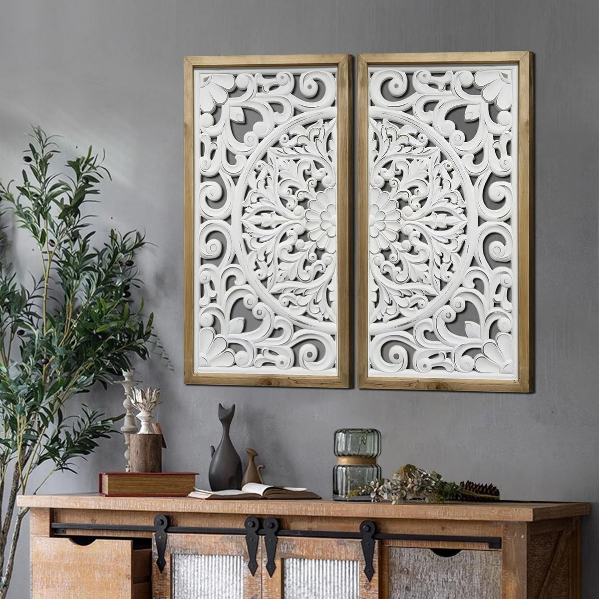 Carved Floral Wooden Wall Panels Duo
