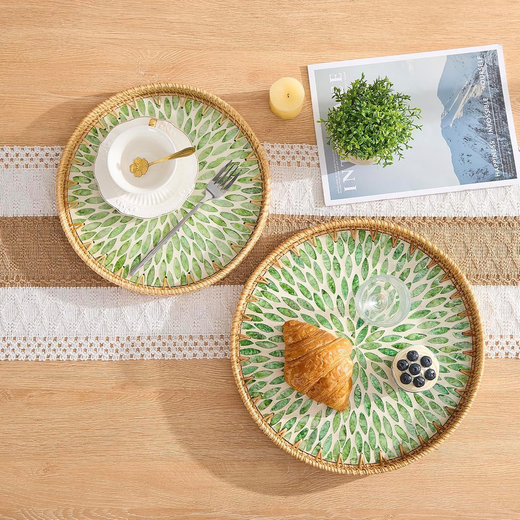Inlaid Rattan Round Decor Serving Tray