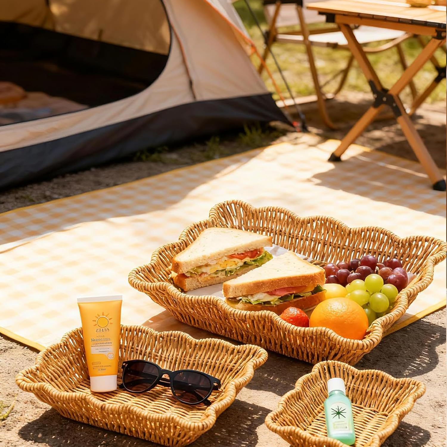 Scalloped Rattan Storage Trays Trio