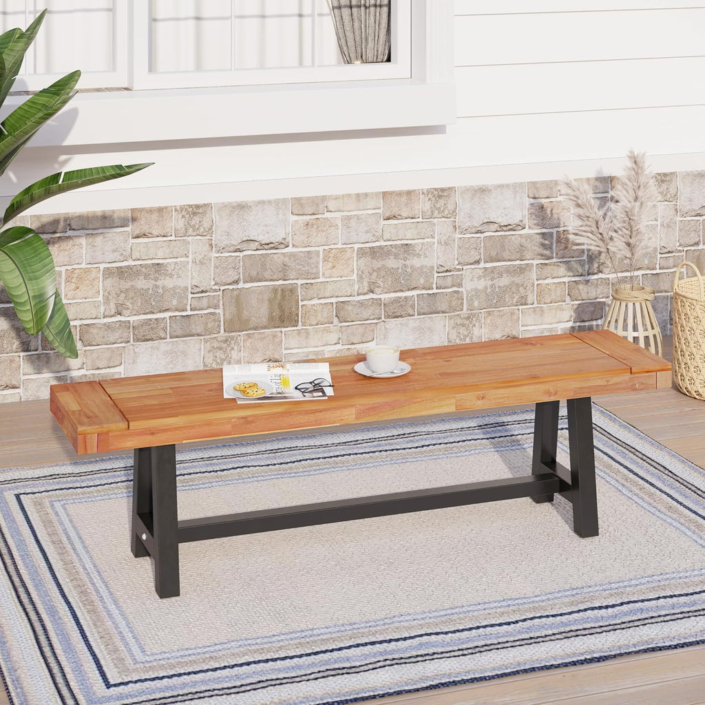 Teak Finish Wooden Bench Duo
