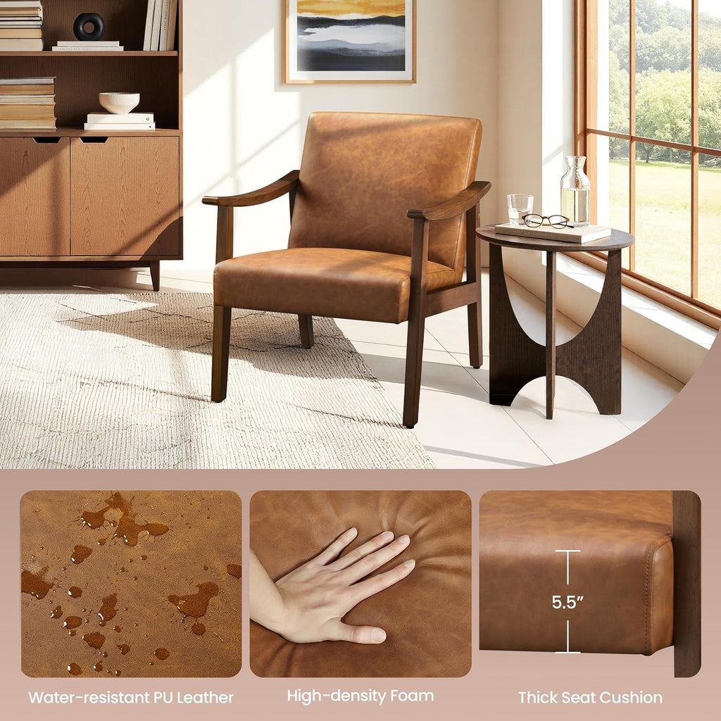 Wood Leg Faux Leather Armchair