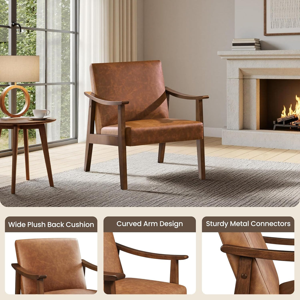 Wood Leg Faux Leather Armchair